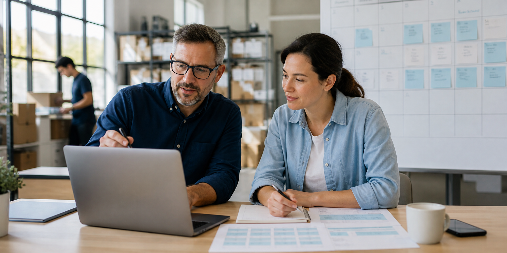 A growing-business owner and operations manager reviewing a cash planning calendar
