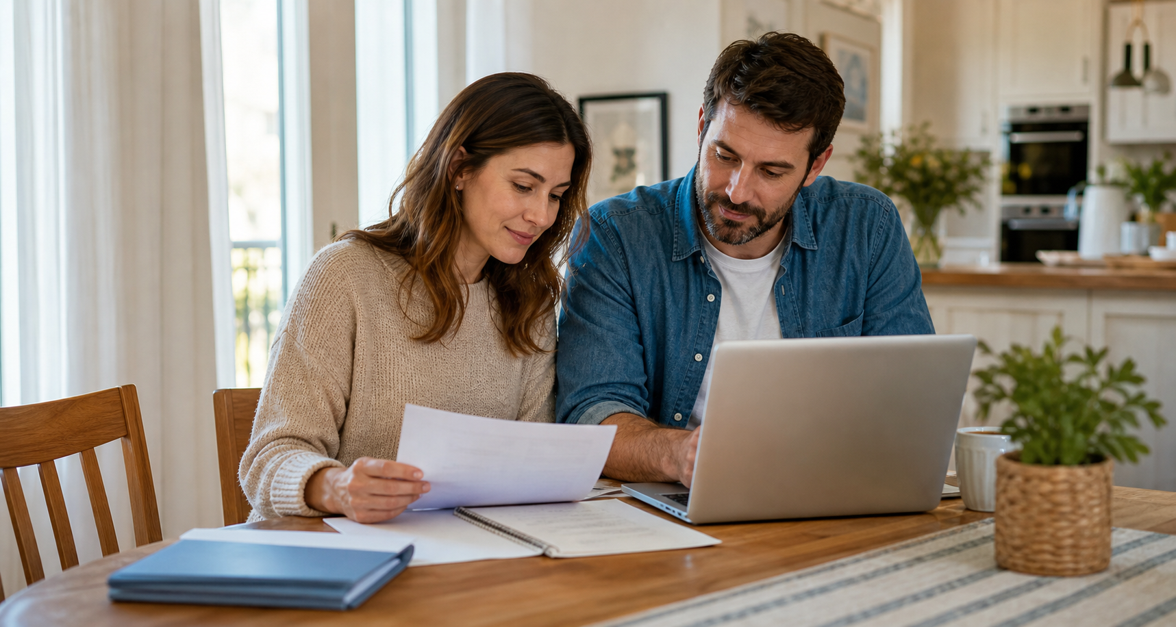 A couple organizing financial and tax information together at home