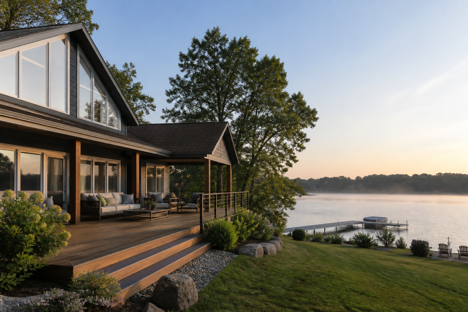 A well-managed Minnesota lakeside short-term rental property at sunrise